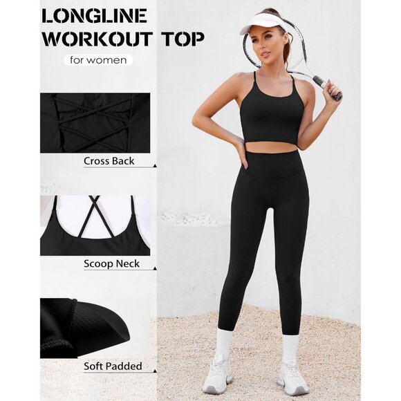 Women’s Black Open Back Sports Bra Longline Padded Crop Yoga Tank - Picture 5 of 8